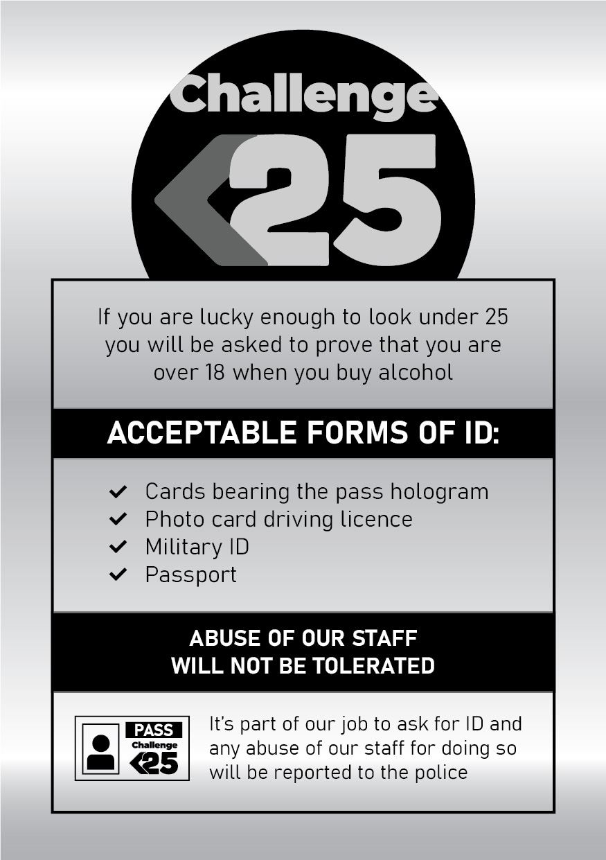Challenge 25 Sign - Under Age Drinking - Pub & Bar Notice 